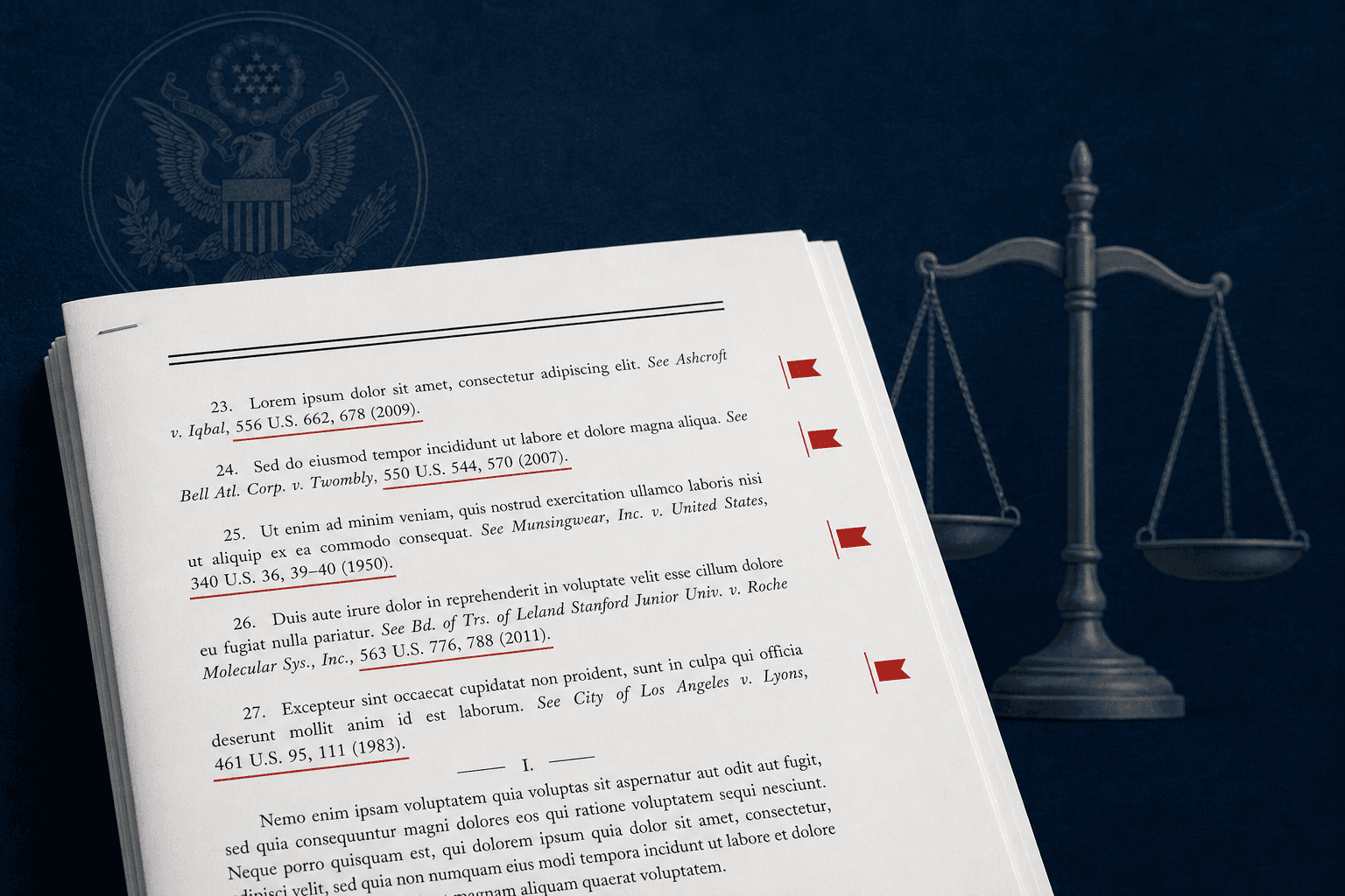 A stylized federal court legal brief with citation lines marked by red underline indicators and margin flags in a clinical audit-overlay style, with a scales-of-justice silhouette in the background against a deep navy backdrop.