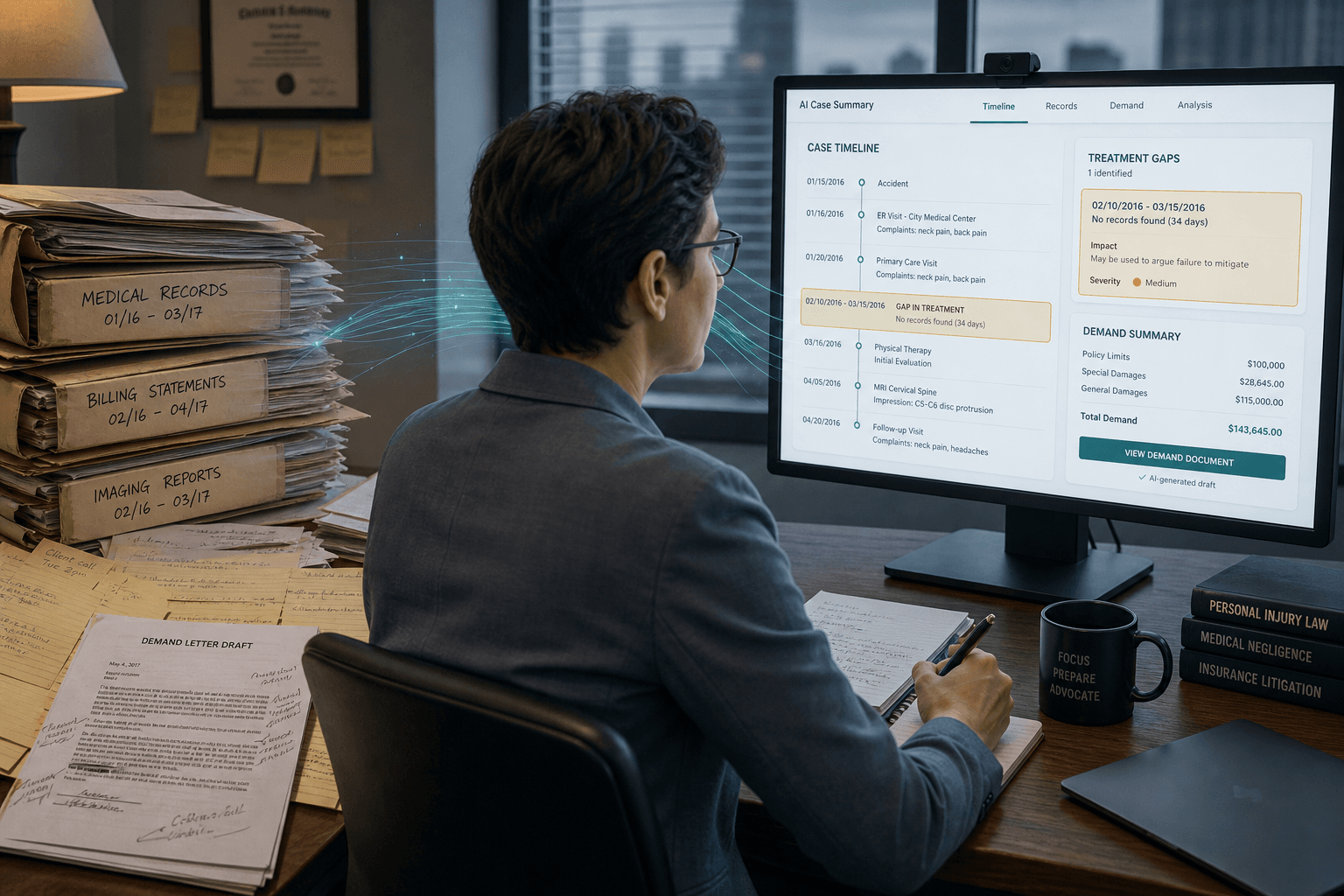 Split-panel illustration showing a plaintiff-side law office transitioning from analog medical record stacks to a structured AI-generated case timeline, with an attorney reviewing the output.