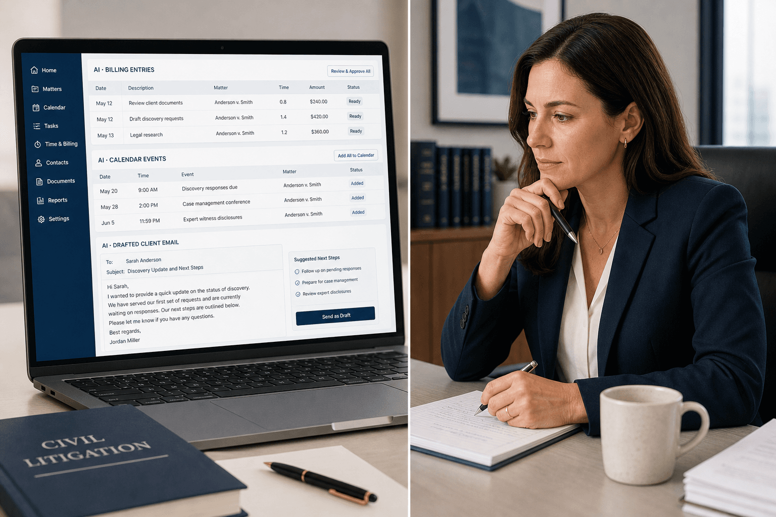 A solo attorney at a modern desk reviewing AI-generated billing entries, a calendar deadline event, and a drafted client email on a laptop, holding a pen to indicate active review rather than passive acceptance.